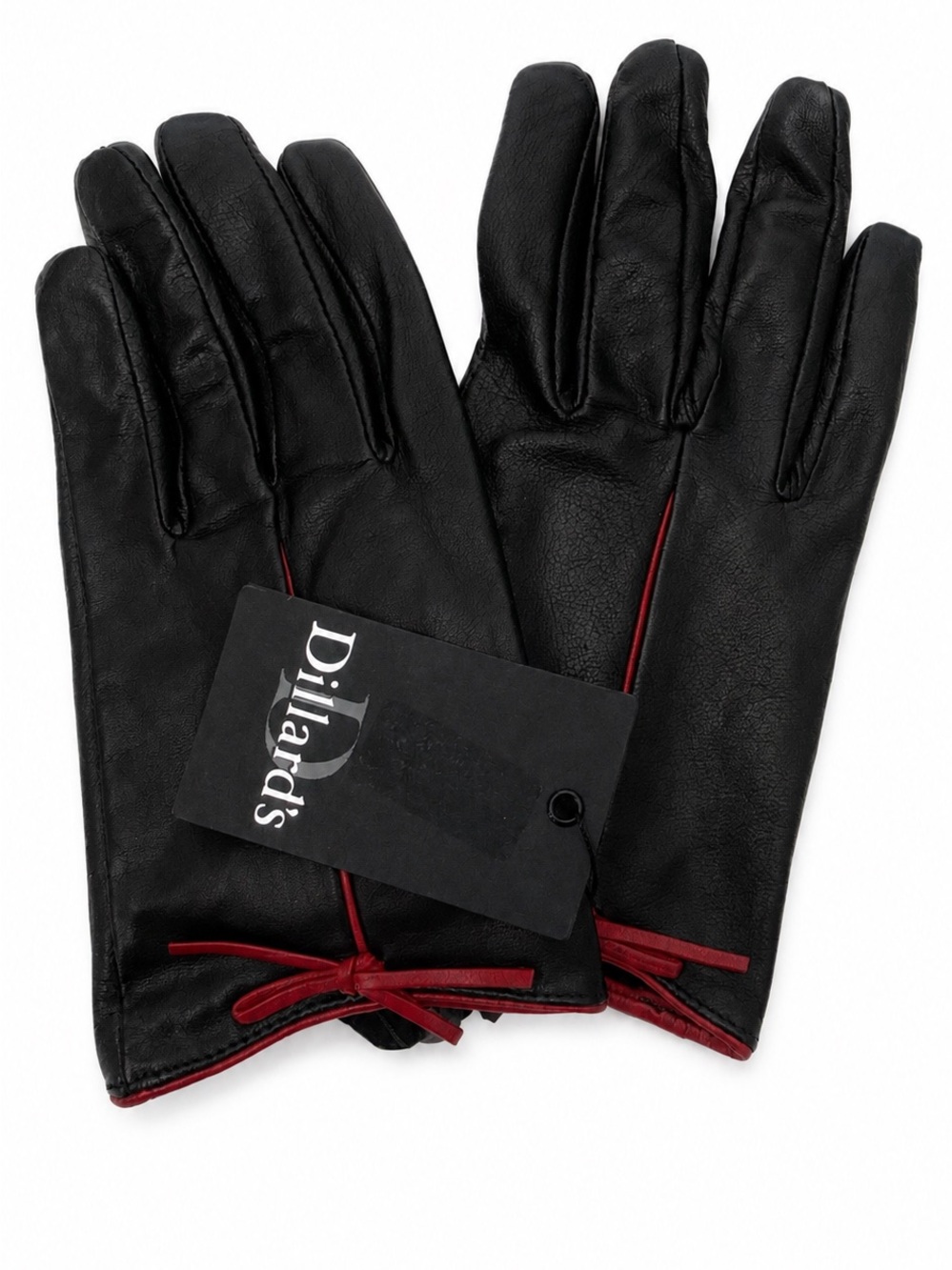 Dillard's Women’s Black Leather Gloves with Red Trim and Bow Detail XL, New
